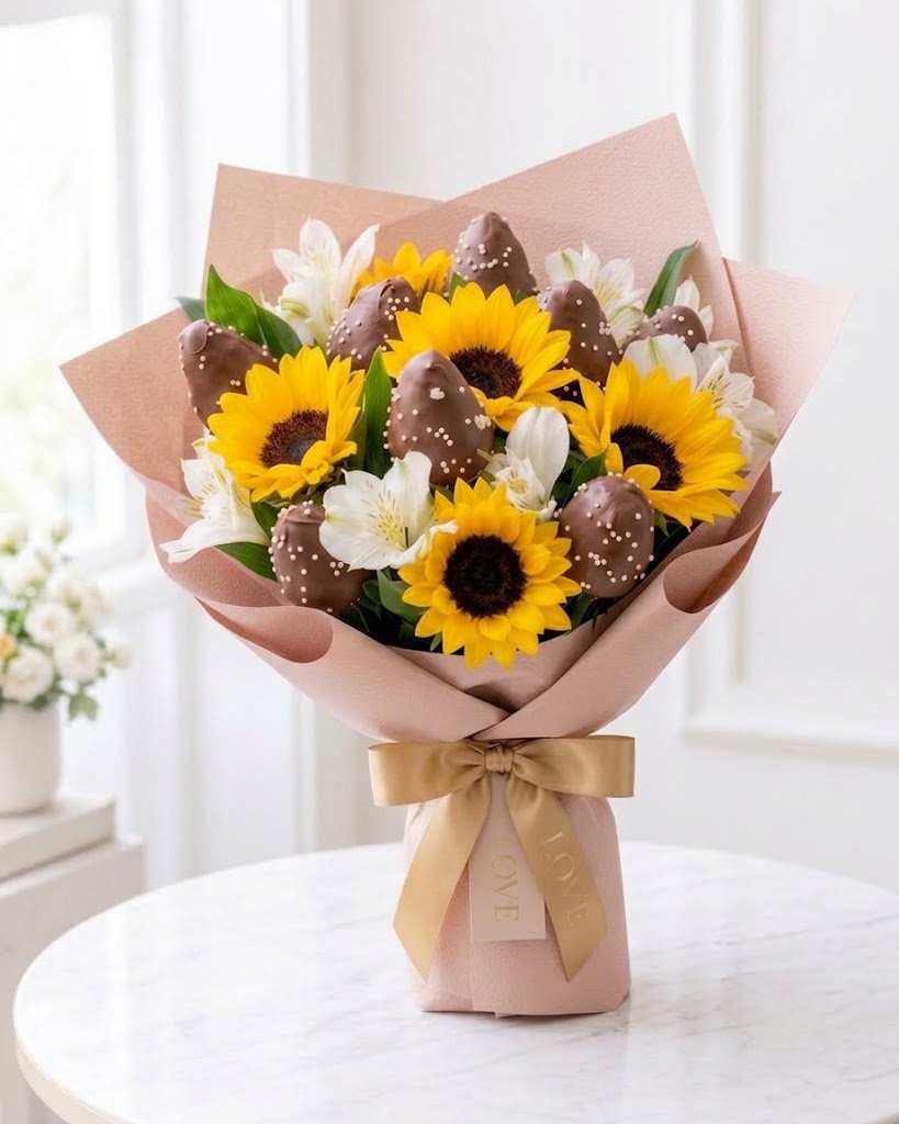 Girasoles con fresas bañadas en chocolate, flores amarillas en Guayaquil - Floreria DIFIORI Guayaquil