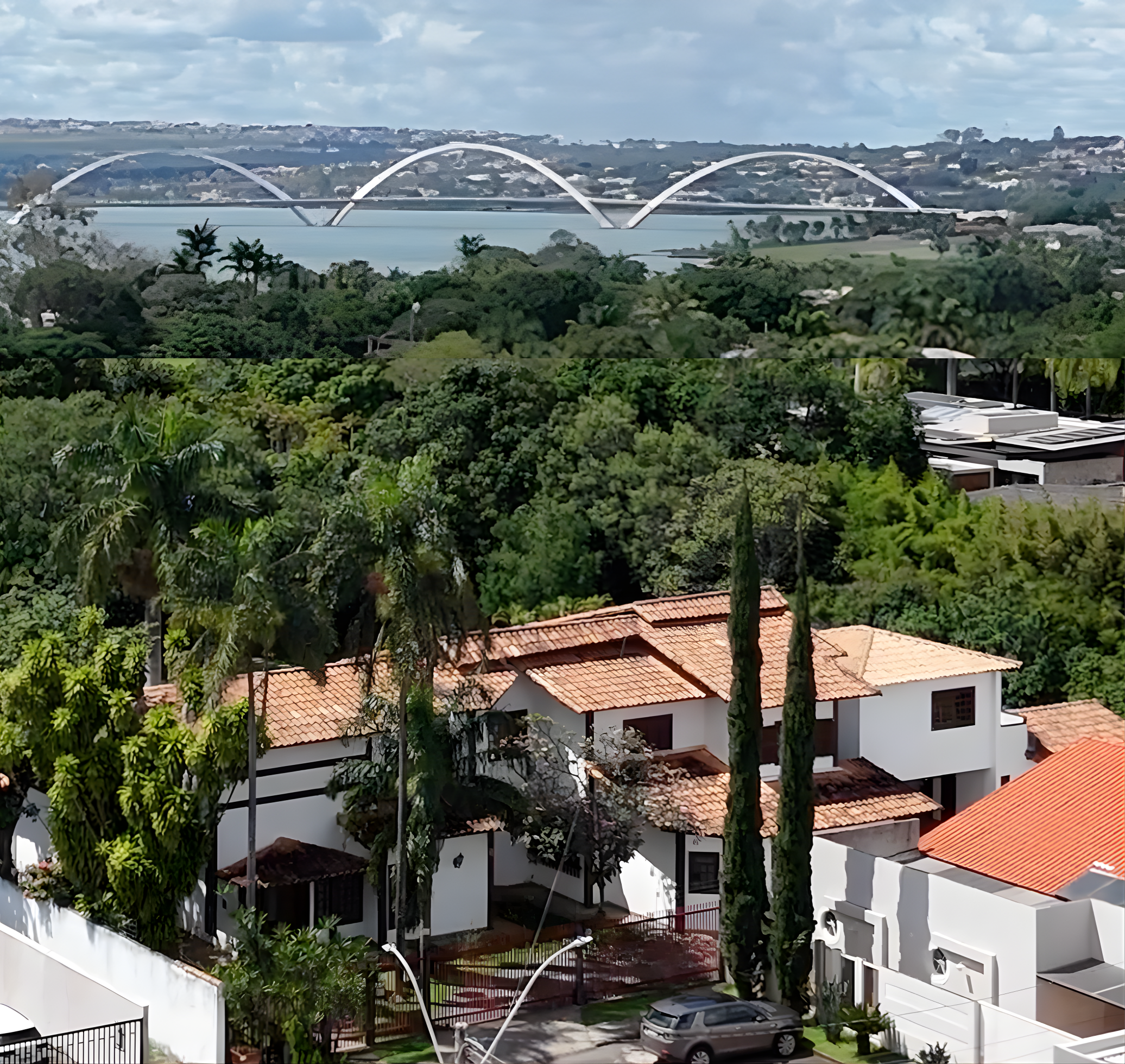 Vista aérea da mansão no Lago Sul com a ponte JK ao fundo