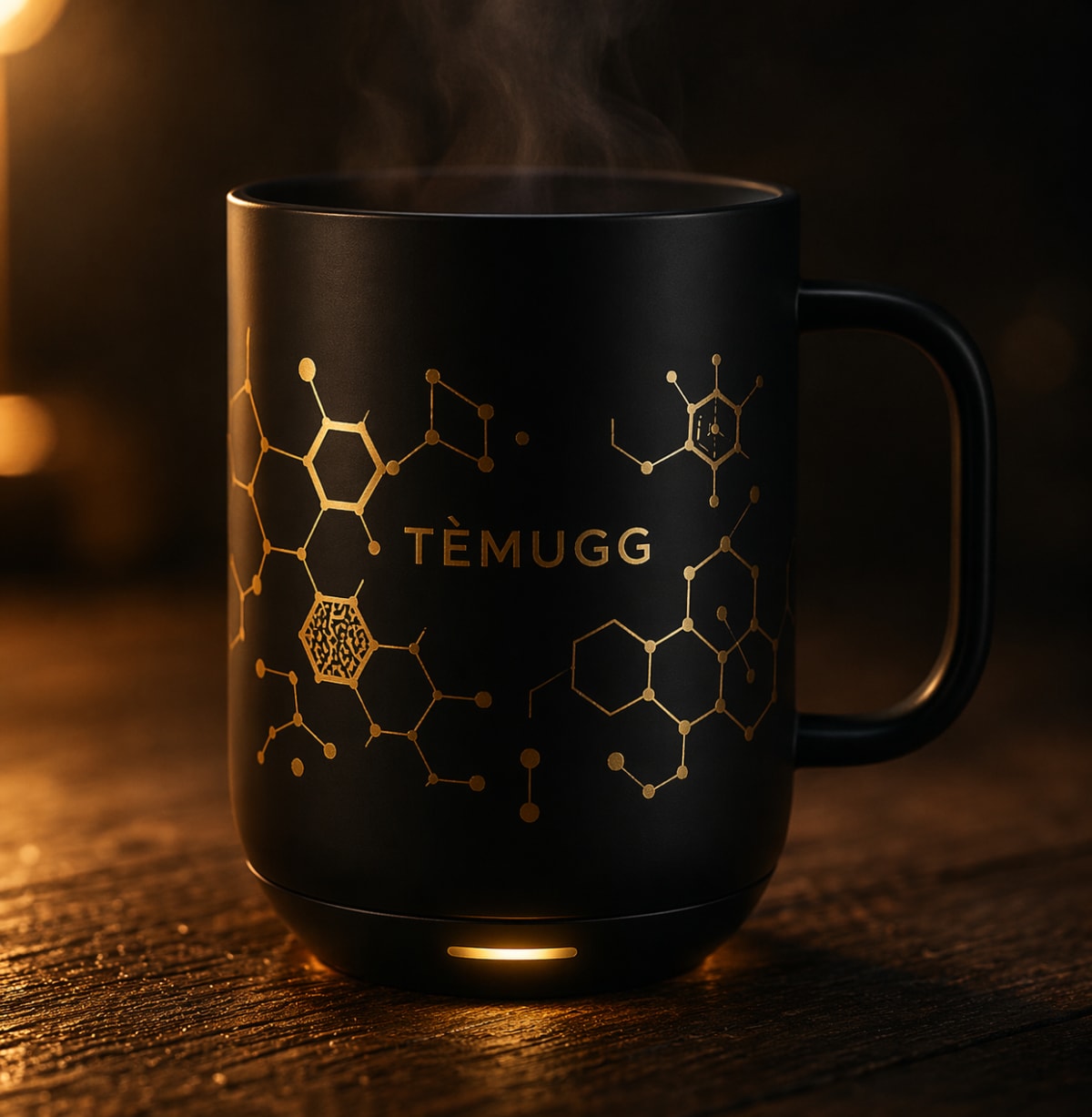 TÉMUGG concept render, black mug with copper molecular linework and steam