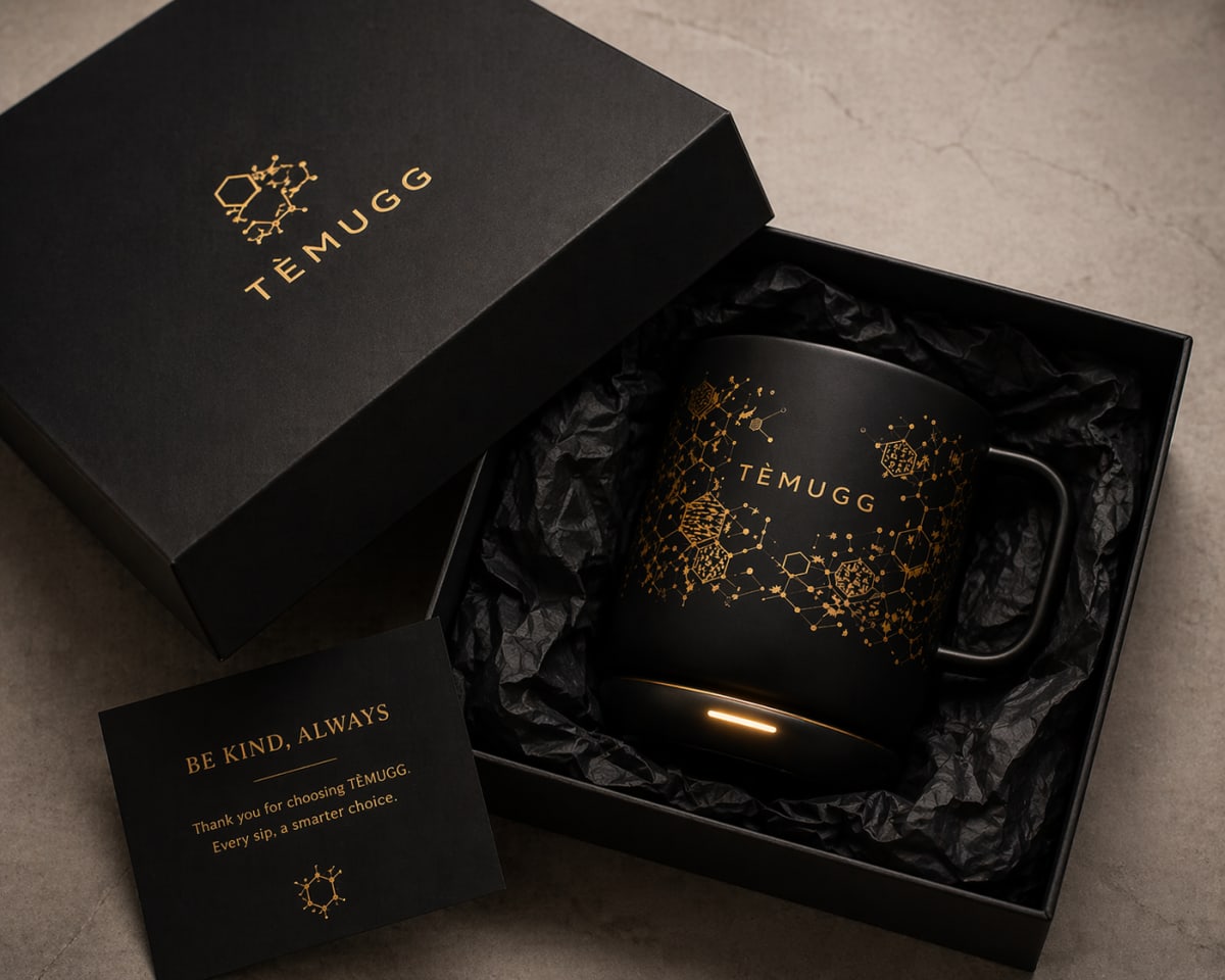 TÉMUGG concept render in a black gift box with tissue and a card