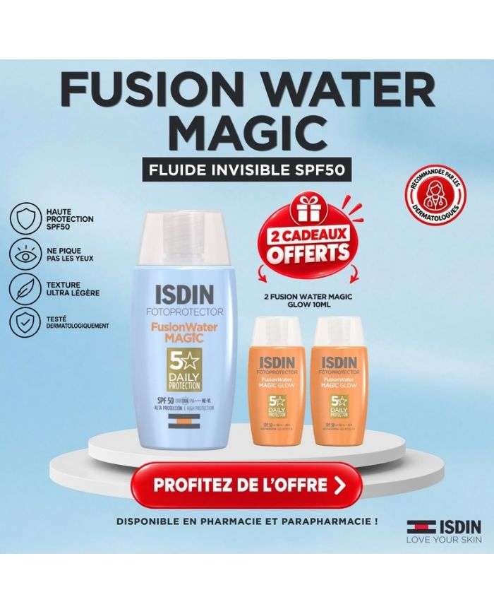 Offre Fotoprotector Fusion Water Magic SPF 50+ 50 ml + 2 Fusion Water Magic Glow 10 ml Offerts ISDIN
