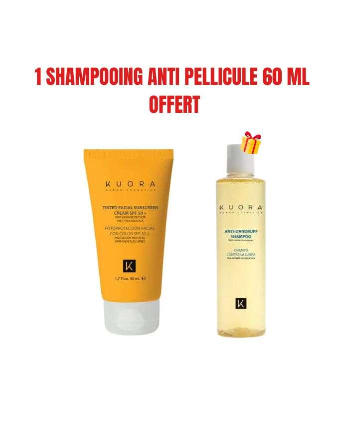 Offre Écran Solaire Teintée SPF 50+ 50 ml + 1 Shampooing Anti Pellicule 60 ml Offert Kuora