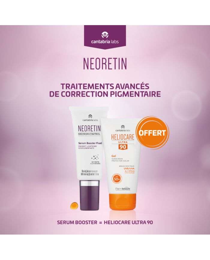 Offre Neoretin Discrom Control Sérum Booster Fluid 30 ml + Cantabria Heliocare Ultra 90 Gel SPF 50 50 ml Offert Cantabria