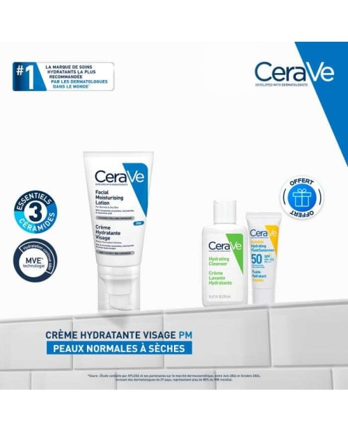 Crème Hydratante Visage PM 52 ml + Gel Moussant et Fuilde Invisible Format Voyage Offerts CeraVe