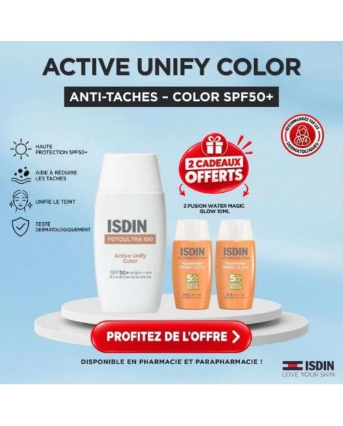 Offre Fotoultra 100 ISDIN Active Unify Color Fusion Fluid SPF50+ 50 ml + 2 Fusion Water Magic Glow 10 ml Offerts ISDIN