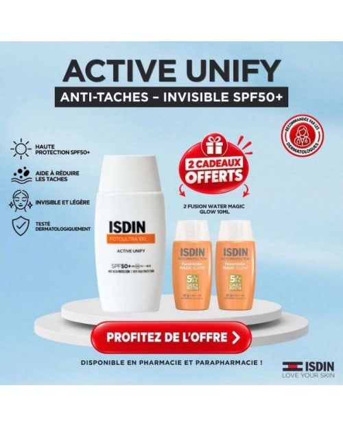 Offre Fotoultra 100 Active Unify SPF 50+ 50 ml + 2 Fusion Water Magic Glow 10 ml Offerts ISDIN