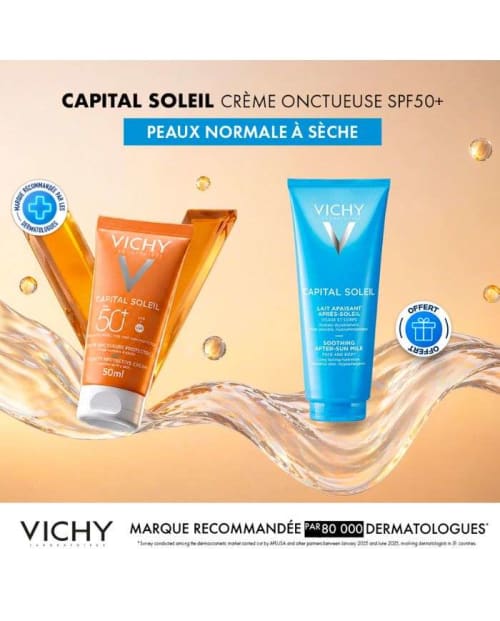 Offre Capital Soleil Crème Onctueuse Protectrice Peau Normale à Sèche SPF 50+ 50 ml + Capital Soleil 100 ml Vichy