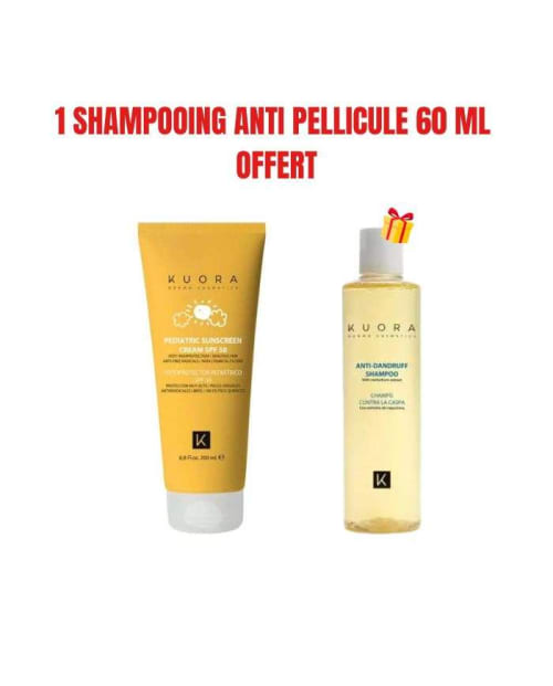 Offre Écran Solaire Pediatrique SPF 50 sans Filtres Chimiques 200 ml + 1 Shampooing Anti Pellicule 60 ml Offert Kuora