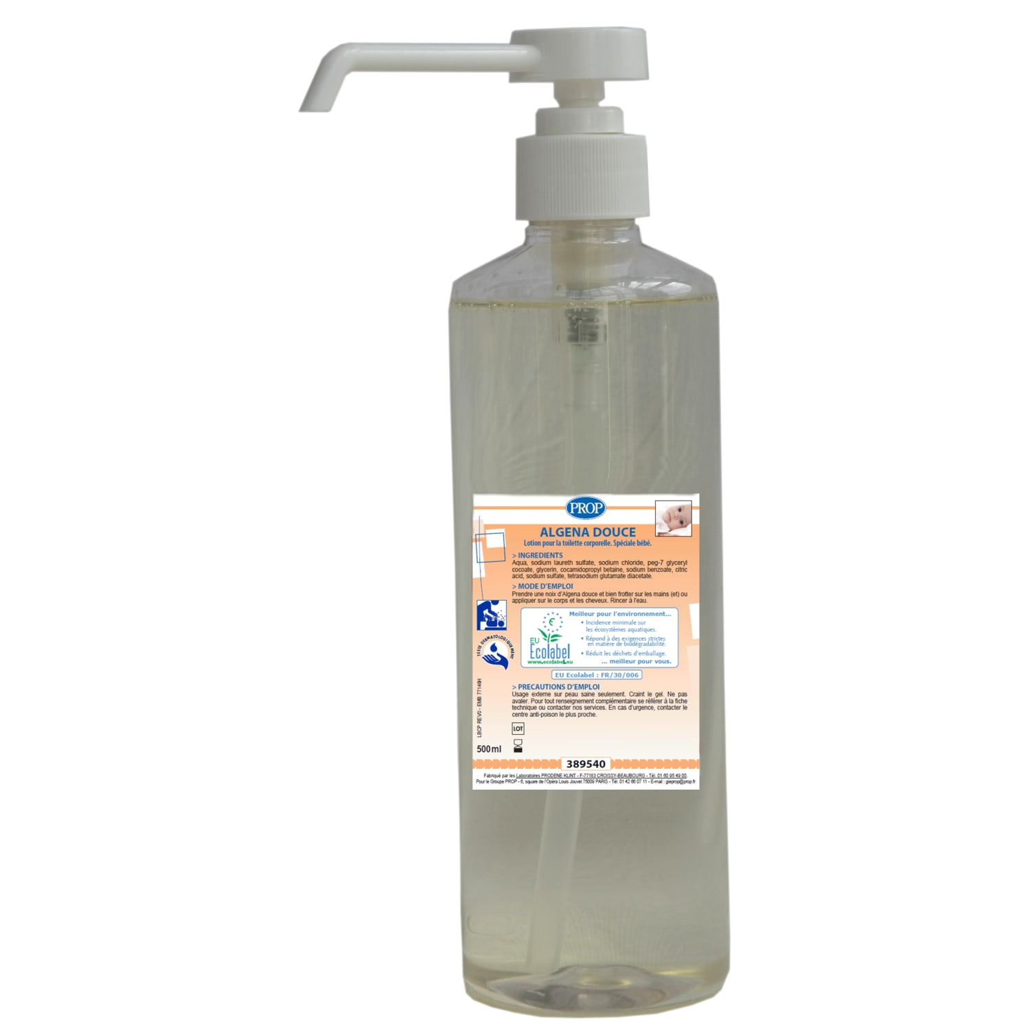 PROP Algena douce lotion lavante certifiée Ecolabel flacon pompe de 500ml photo du produit