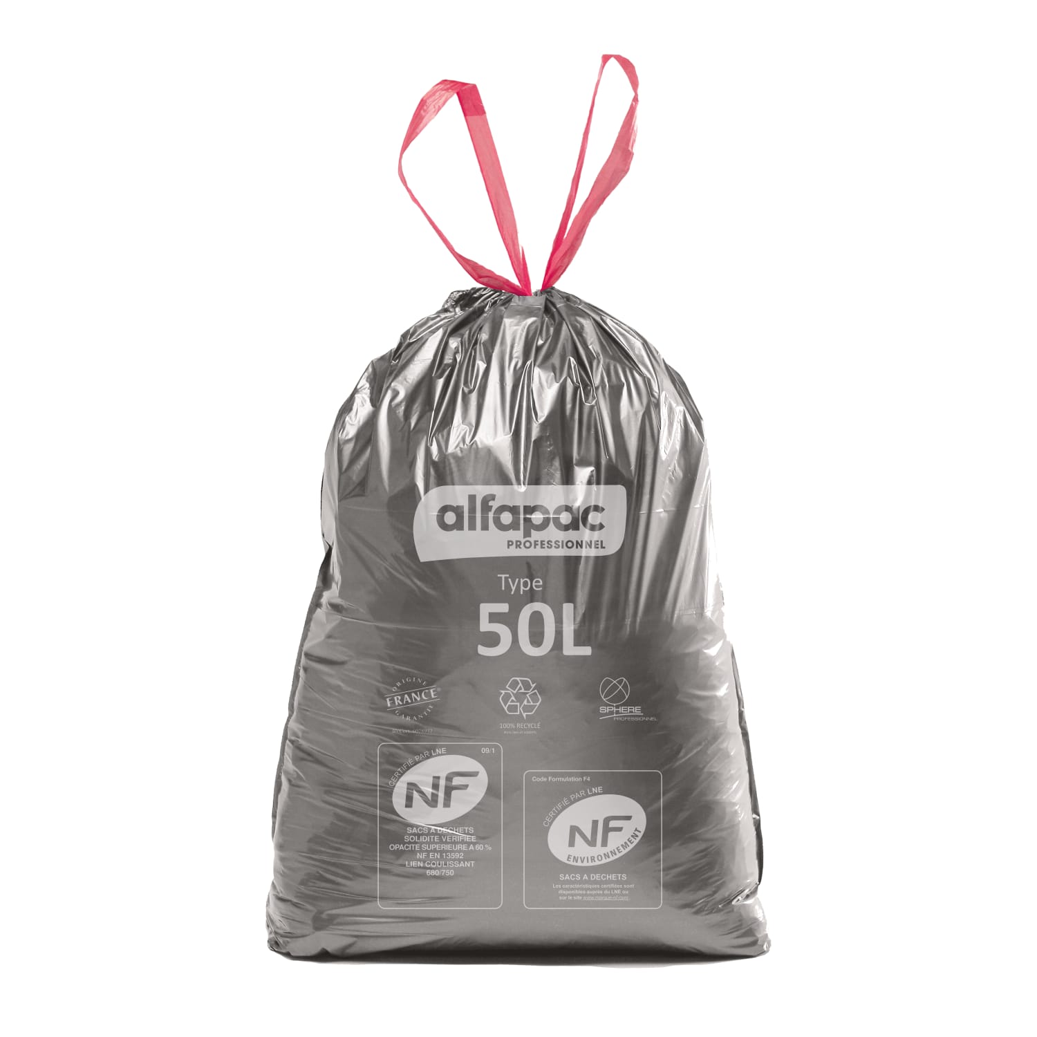 Sacs poubelle NFE 50L argent/noir 28µ lien coulissant Alfapac photo du produit