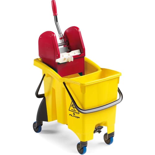 Seau bi-bac Filmop PLP 2 x 8L jaune avec presse à plat, roues et support porte-produits photo du produit front L