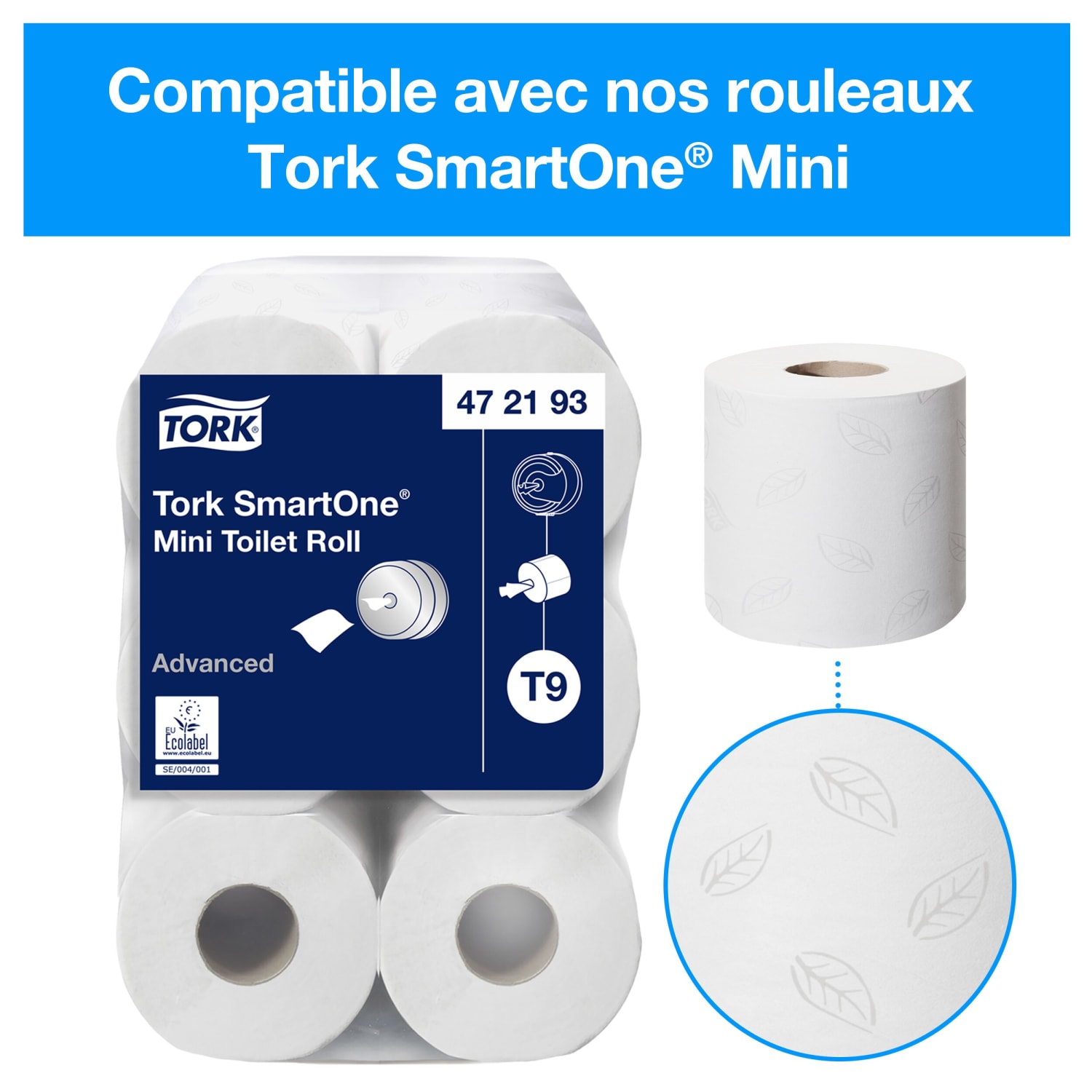 Distributeur de papier toilette 2 rouleaux mini géant Tork Smartone à dévidage central blanc photo du produit Side View ZOOM