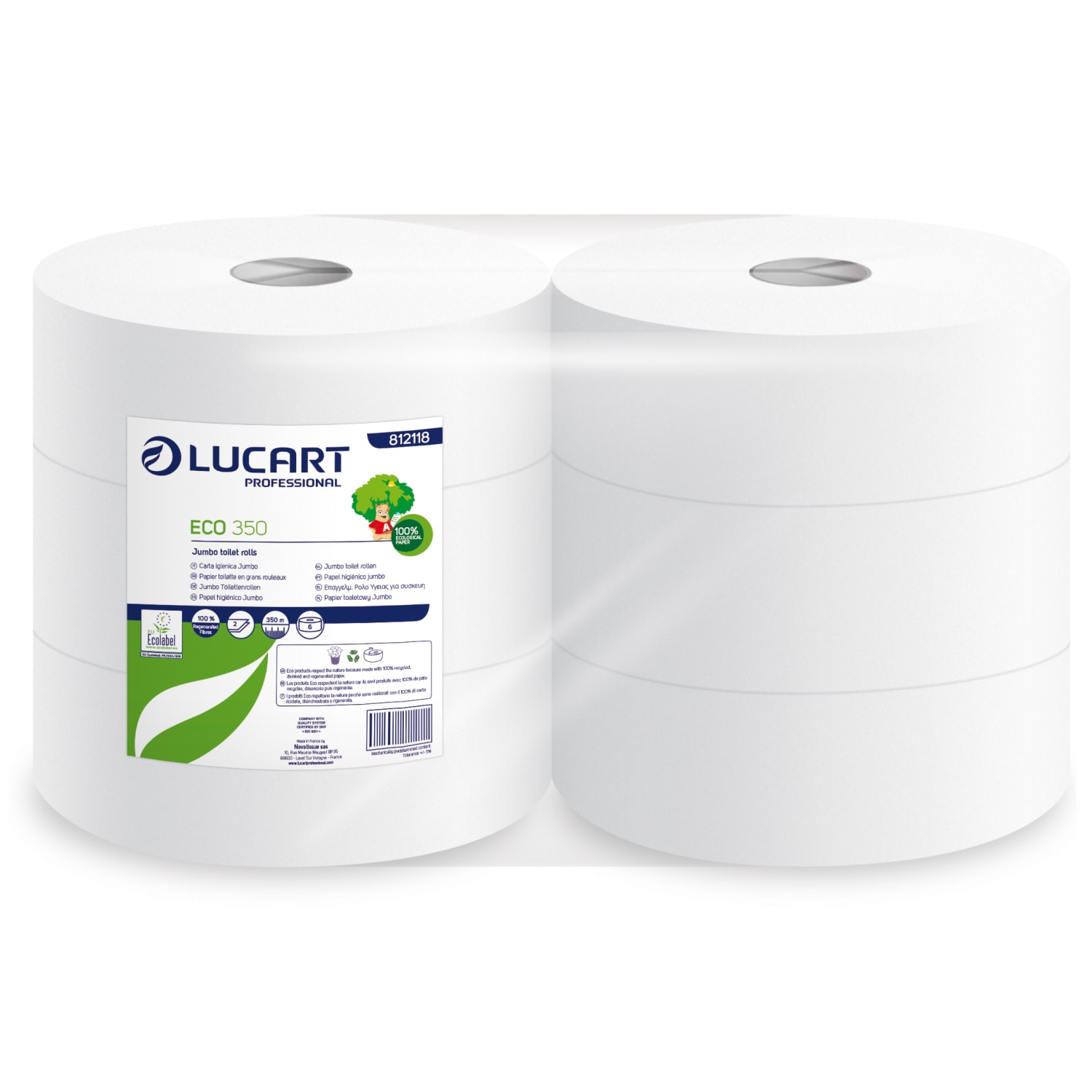Papier toilette rouleau géant blanc 2 plis 350m prédécoupé 8,5 x 24 cm certifié Ecolabel photo du produit