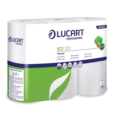 Papier toilette petit rouleau blanc 2 plis 320 feuilles 9,8 x 11,3 cm certifié Ecolabel Lucart photo du produit front L