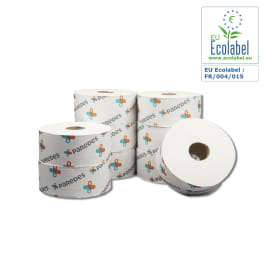 Papier toilette rouleau jumbo dévidage central blanc Paredes Ecolabel 320m prédécoupé 10,1 x 25 cm