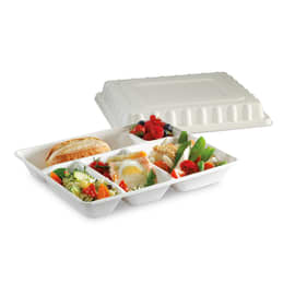 Couvercle fibres végétales Alphaform pour plateau repas 5 compartiments blanc 295 x 240 mm