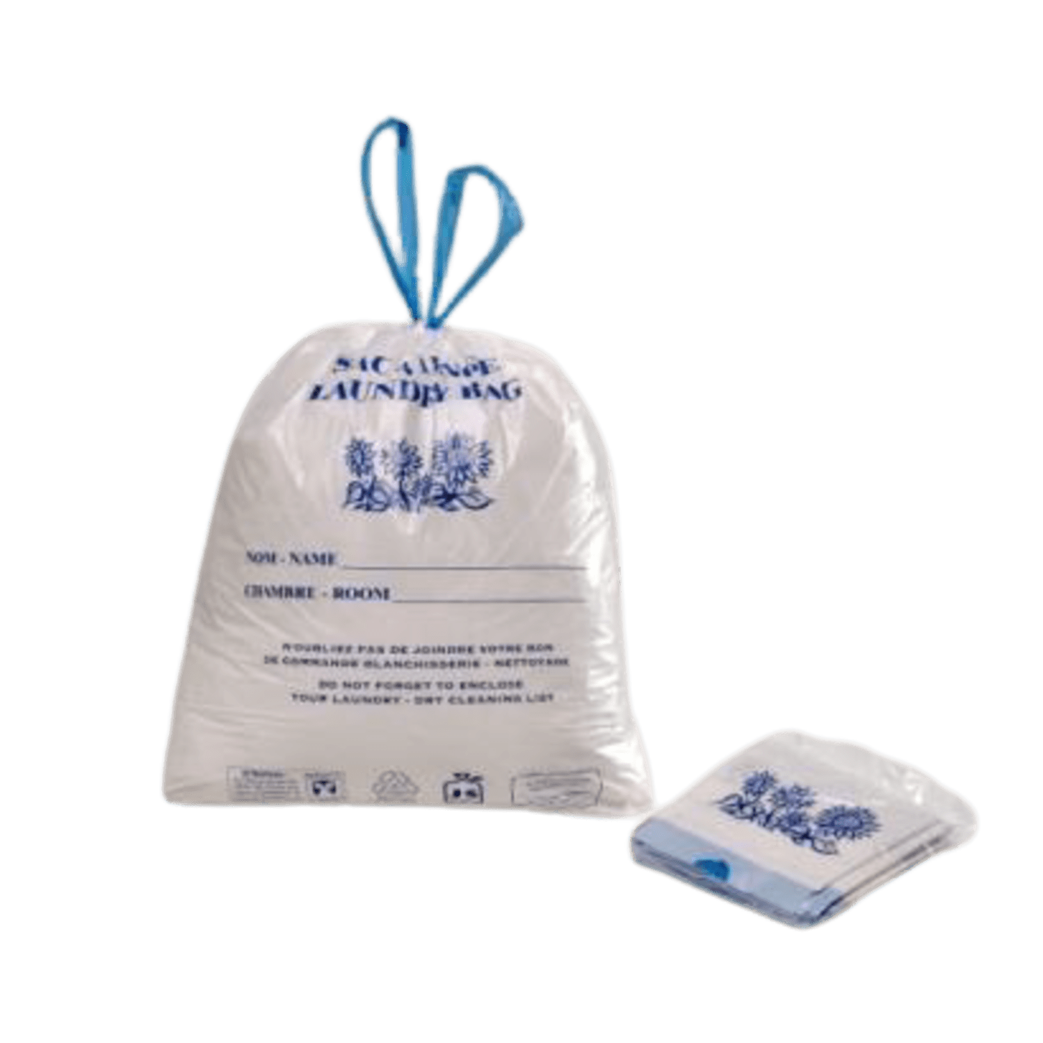 Sac plastique PE BD 30L blanc avec impression 24µm lien coulissant photo du produit