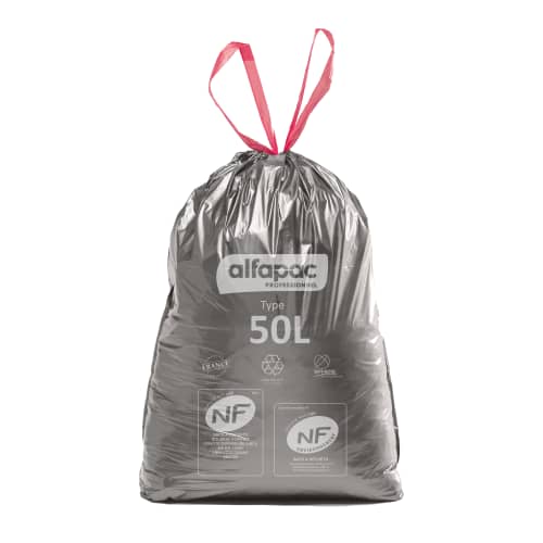 Sacs poubelle NFE 50L argent/noir 28µ lien coulissant Alfapac photo du produit front L