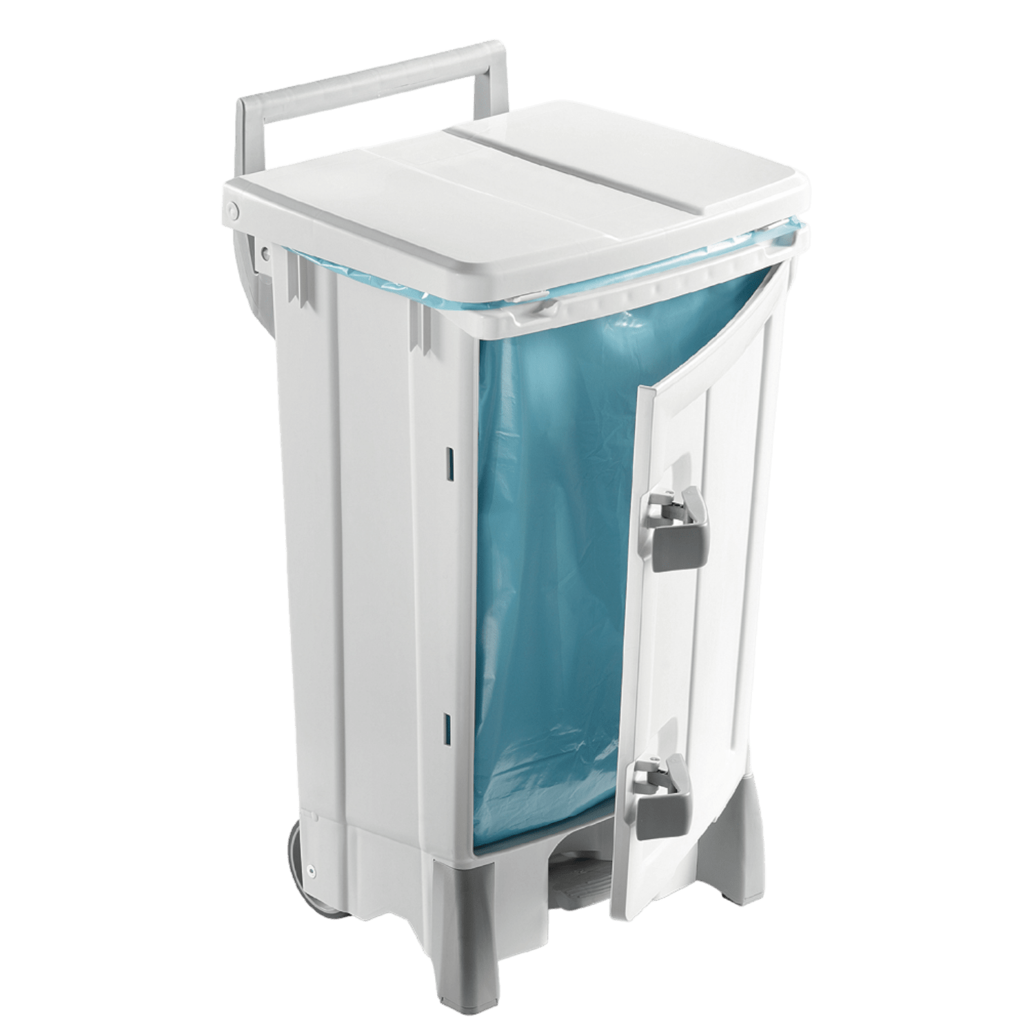 Poubelle plastique mobile à pédale et porte frontale 90L blanc photo du produit