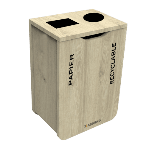 Poubelle tri sélectif Distribel pour déchets papier et recyclables bois avec séparateur siglé Paredes 70L photo du produit front L
