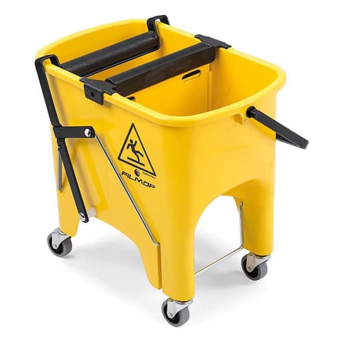Seau bi-bac Filmop PLP 2 x 8L jaune avec rouleaux essoreurs à pédale et roues photo du produit front L