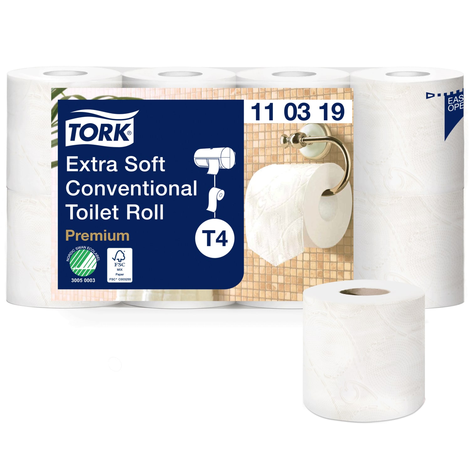 Papier toilette petit rouleau 3 plis Tork Ecolabel 155 feuilles blanc 9,8 x 12.3 cm photo du produit