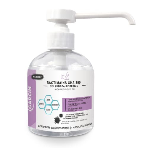 Gel hydroalcoolique Laboratoire Garcin Bactimains GHA 850 flacon de 300ml photo du produit front L