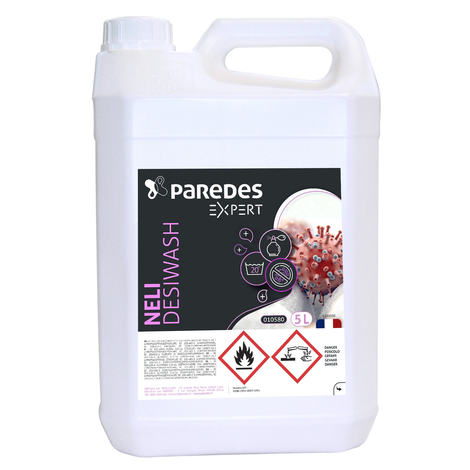 Lessive liquide désinfectante Paredes Expert Neli DesiWash bidon de 5L photo du produit