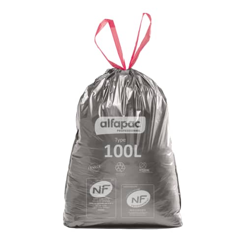 Sacs poubelle NFE 100L argent/noir 34µ lien coulissant Alfapac photo du produit front L