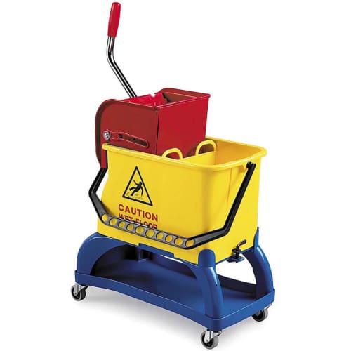 Seau bi-bac Filmop PLP 2 x 8L jaune avec roues, support porte-produits et presse photo du produit front L