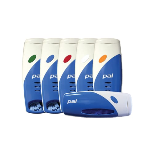 Distributeur mural PVC multi-produits usage unique bleu et blanc photo du produit front L