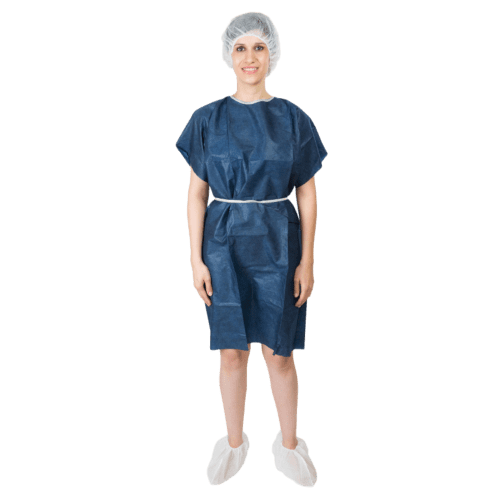 Kit d'opéré complet (blouse SMS bleu foncé manches courtes, charlotte PLP blanc, surchaussures PLP blanc, slip PLP bleu foncé) taille M PROP photo du produit front L