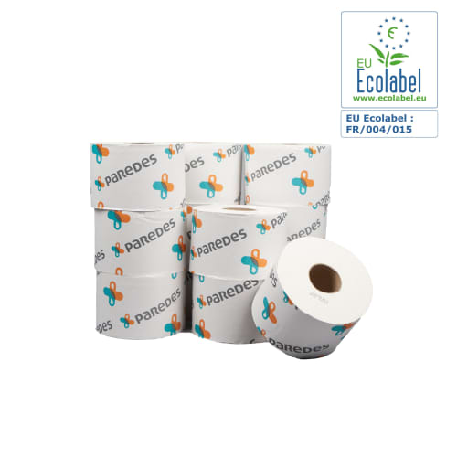 Papier toilette rouleau géant Jumbo blanc 2 plis 111m prédécoupé 10,1 x 25 cm certifié Ecolabel photo du produit front L