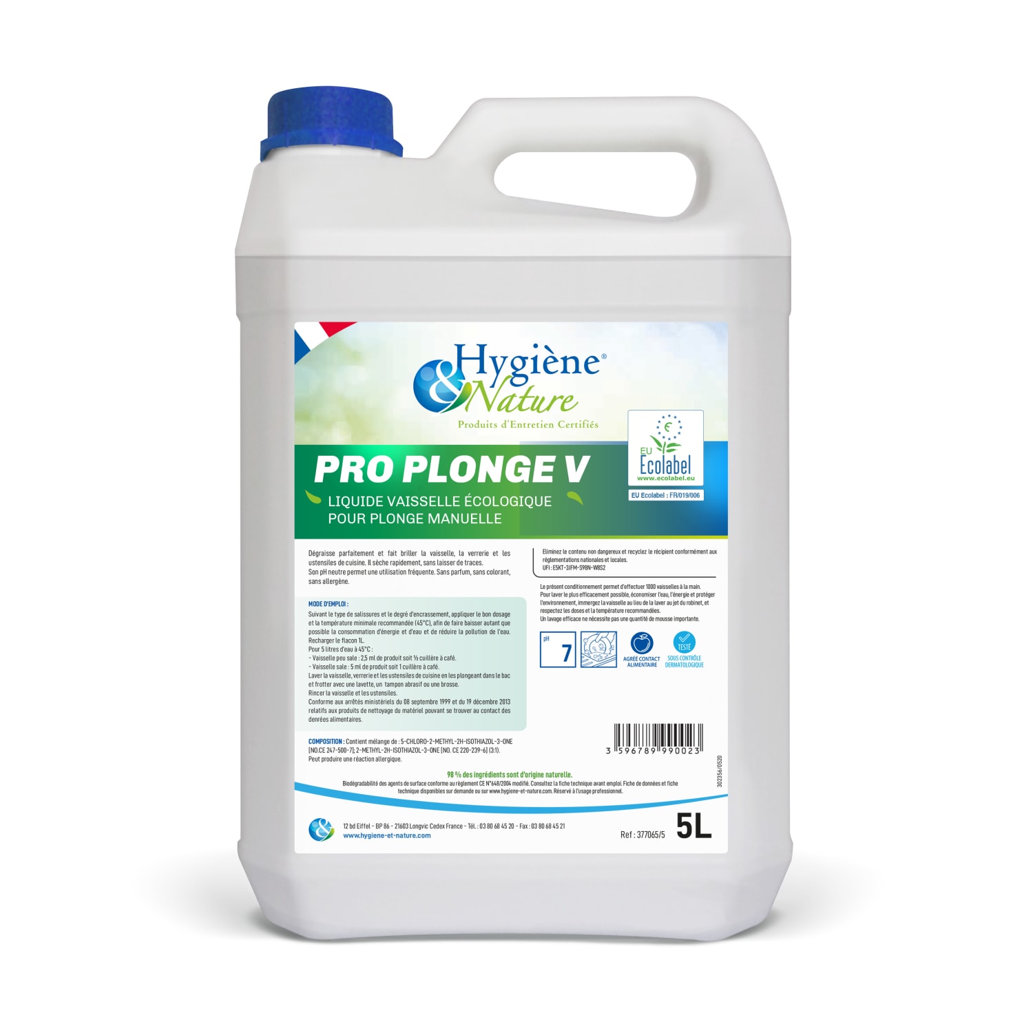 Liquide vaisselle plonge manuelle Ecolabel Hygiène & Nature Pro Plonge V bidon de 5L photo du produit