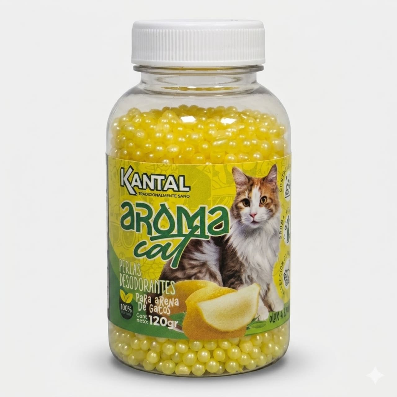 Perlas Desodorantes para Arena de Gatos con Aroma a Limon 120 Gramos Control de Olores Potenciador de Frescura Fragancia Frutal Higiene Arenero.