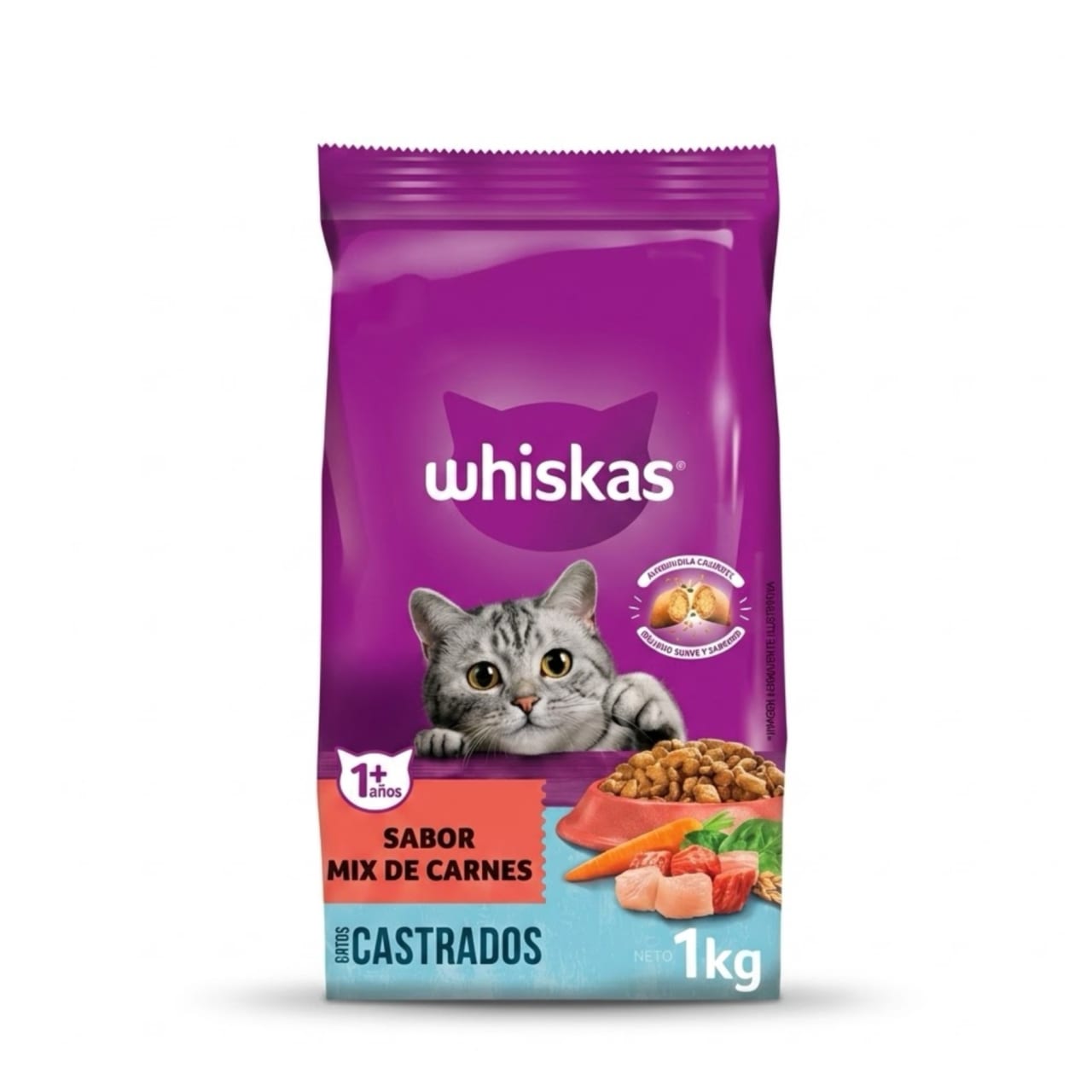 Whiskas 1 Kg Alimento Seco para Gatos Castrados Sabor Mix de Carnes 