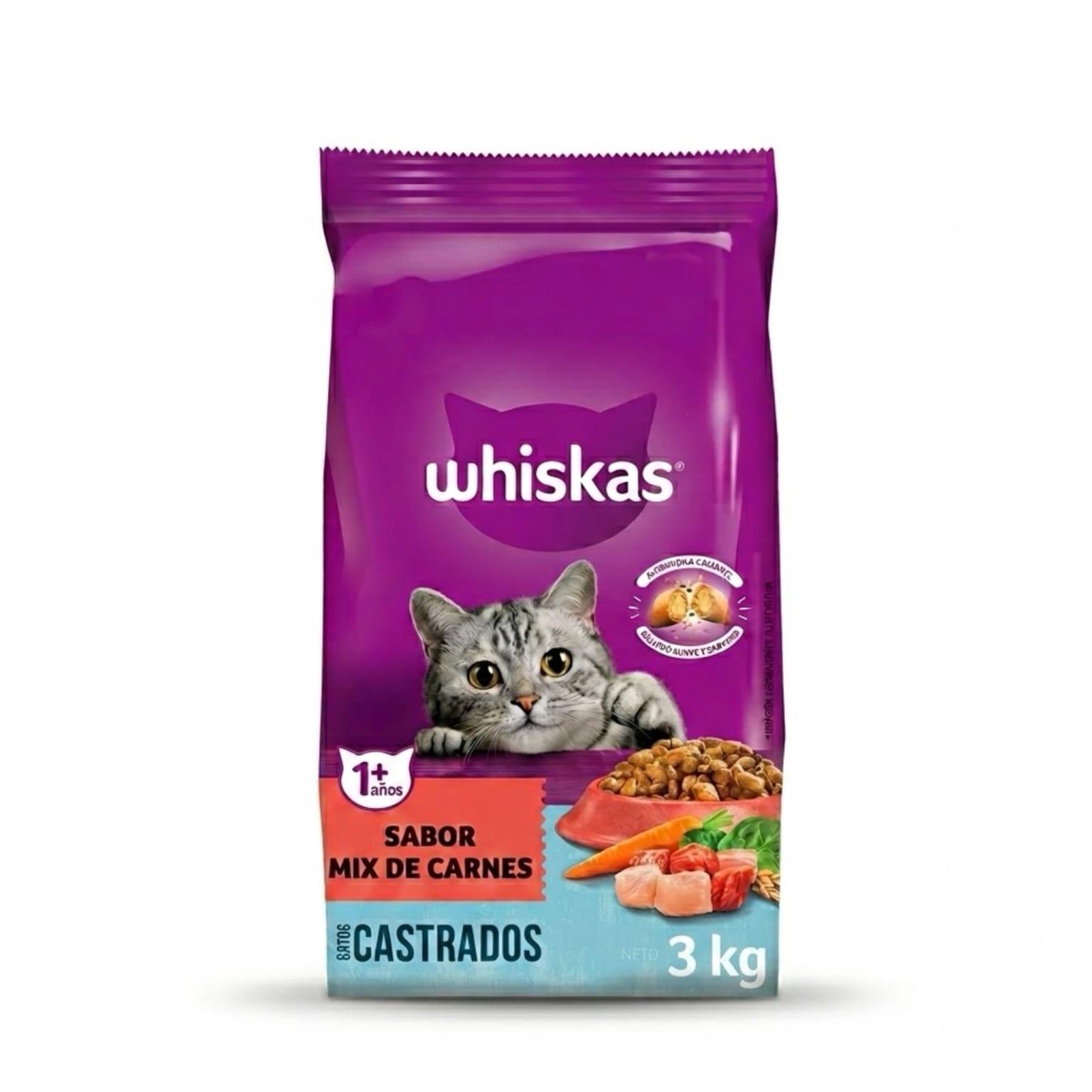 Whiskas 3 Kg Alimento Seco para Gatos Castrados Sabor Mix de Carnes  - Imagen 1