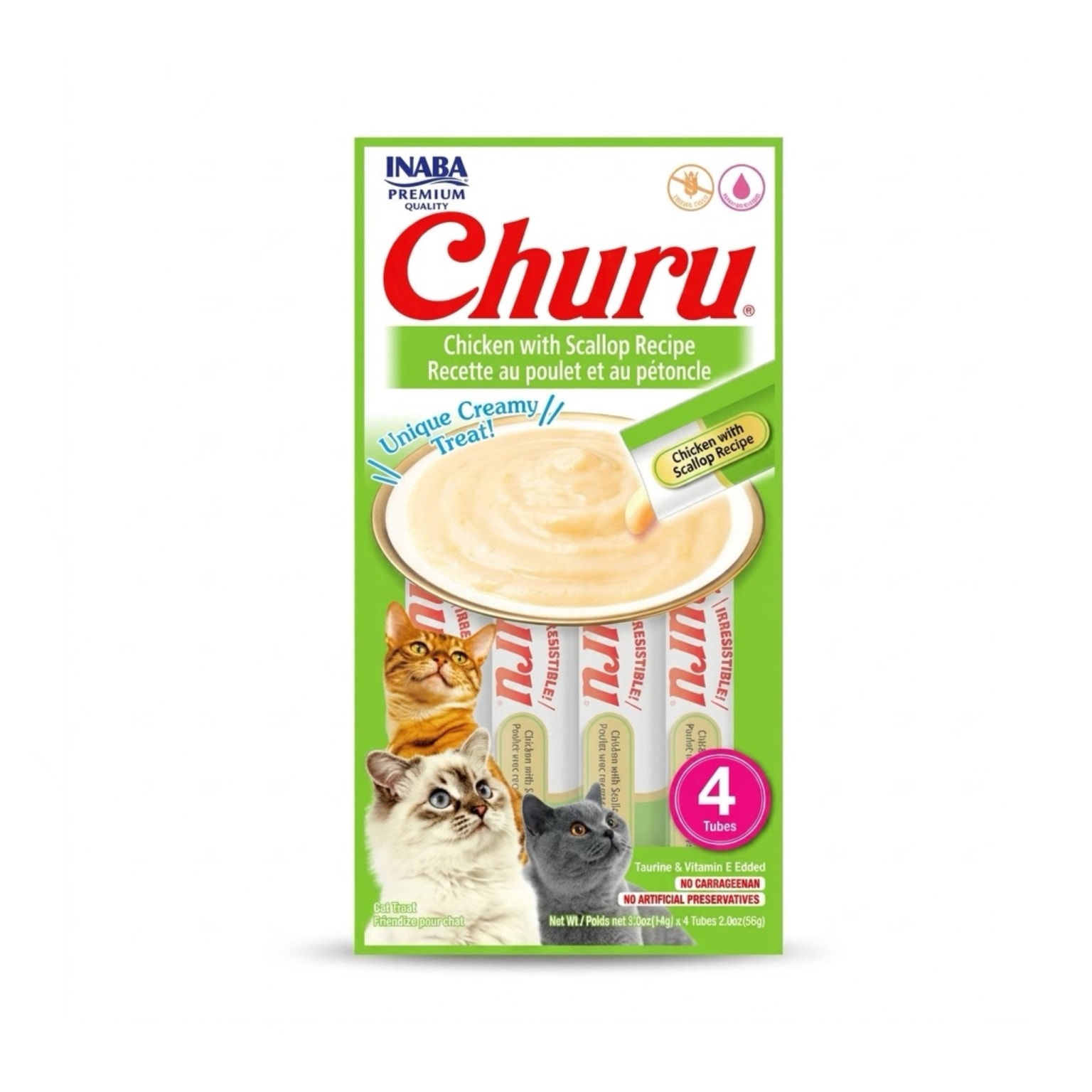 Inaba Churu Pack 4 x 56 gr Snack Húmedo y Cremoso para Gatos Sabor Vieiras - Premio Saludable - Imagen 1