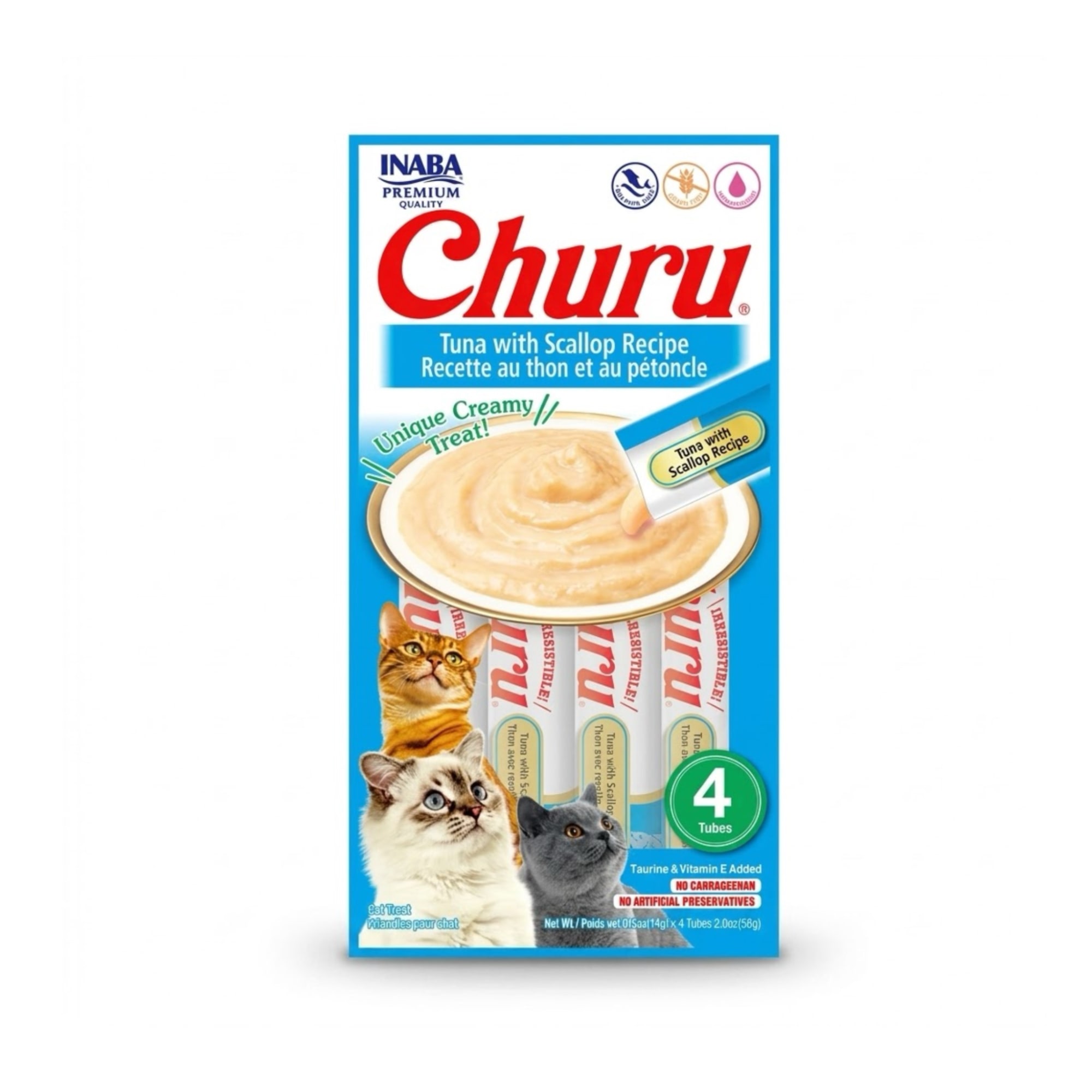 Inaba Churu Pack 4 x 56 gr Snack Húmedo y Cremoso para Gatos Sabor Atún y Vieiras 
