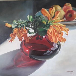 Red vase with Cape honeysuckle