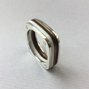 White square silver and wood ring