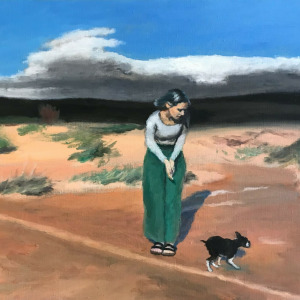Dune portrait of Frauke with Boston terrier (the artist’s daughter)