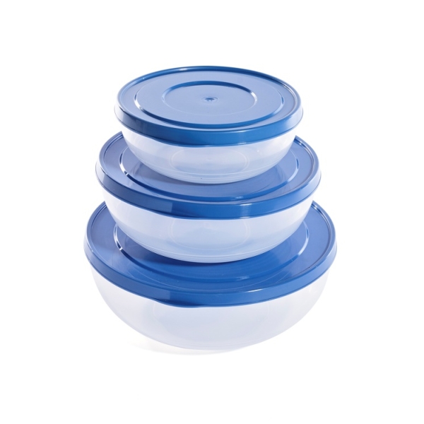 Caprichem products - Salad Bowl Set - 500ml, 1l, 2l Clear Base Blue Lid P/SET