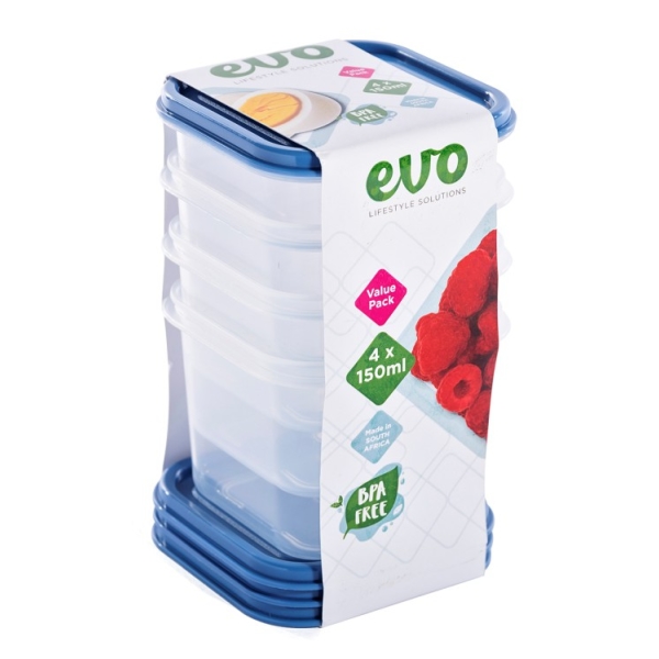 Caprichem Product - Evo 150ml 4pc Snack Box Clear Base - Blue Lid P/SET