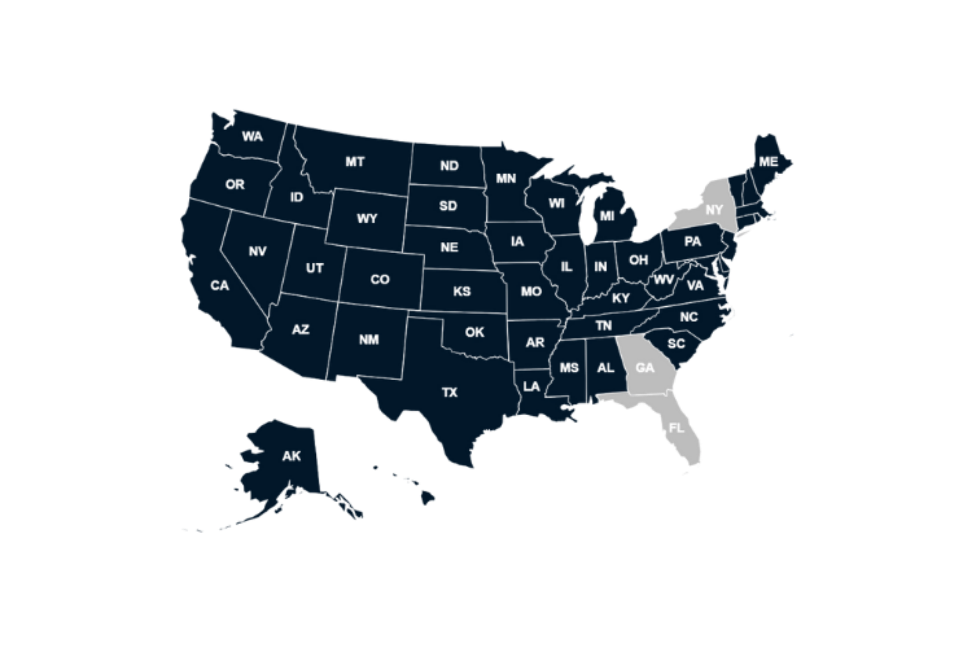 Map of the United States highlighting the states where Greenwood General writes special event insurance for retail agents and brokers
