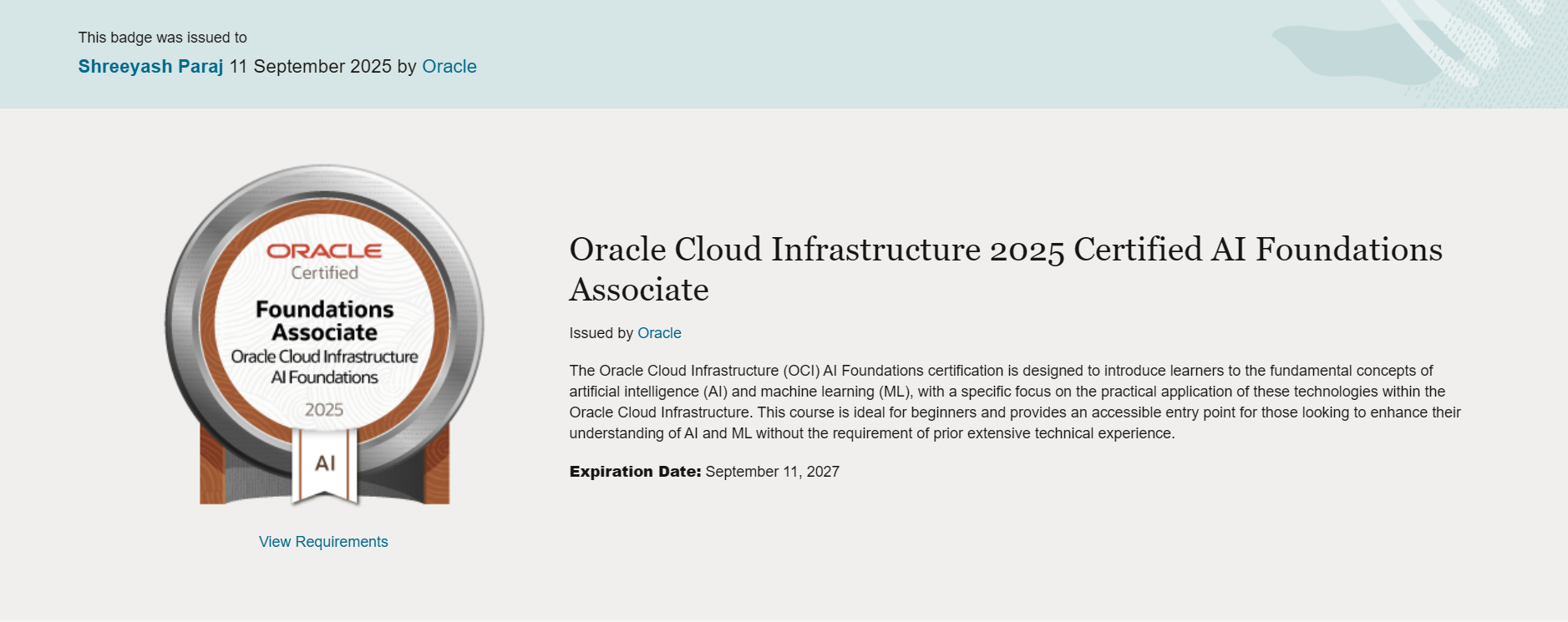 Oracle Cloud Infrastructure 2025 Certified AI Foundations Associate