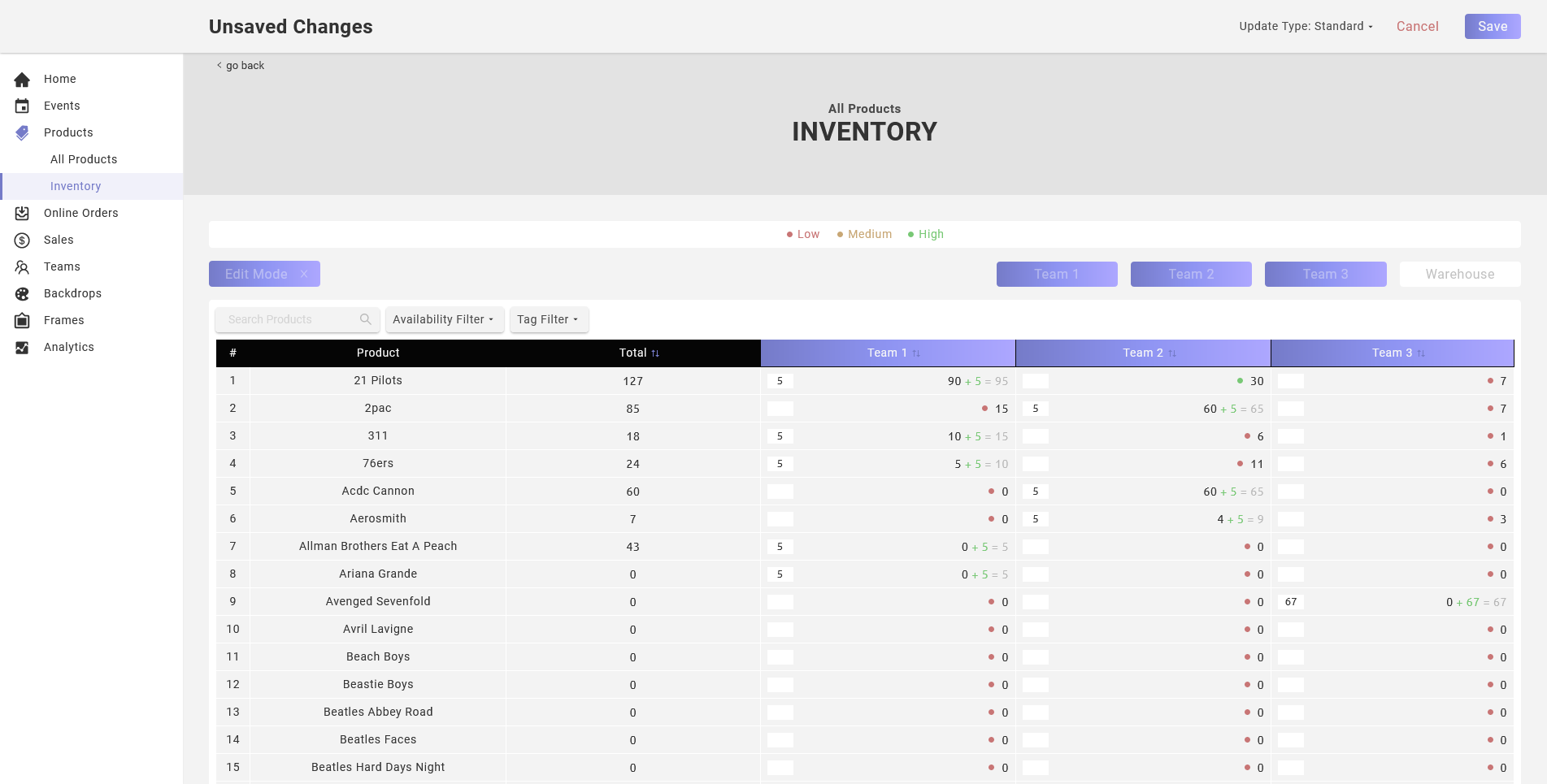 Inventory & Event Management demo display