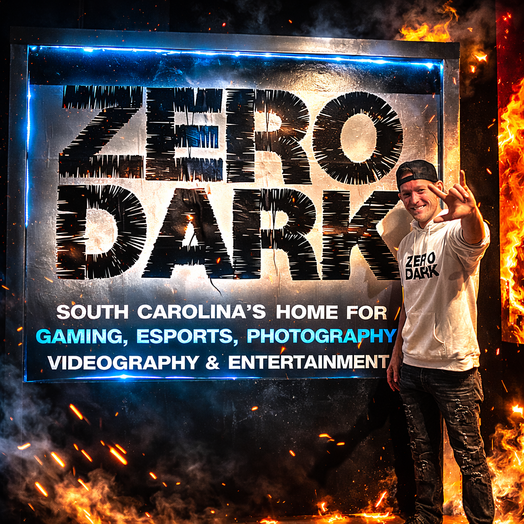 Inside Zero Dark gaming lounge in Bluffton SC featuring high-performance PC gaming stations neon lighting and immersive gaming environment