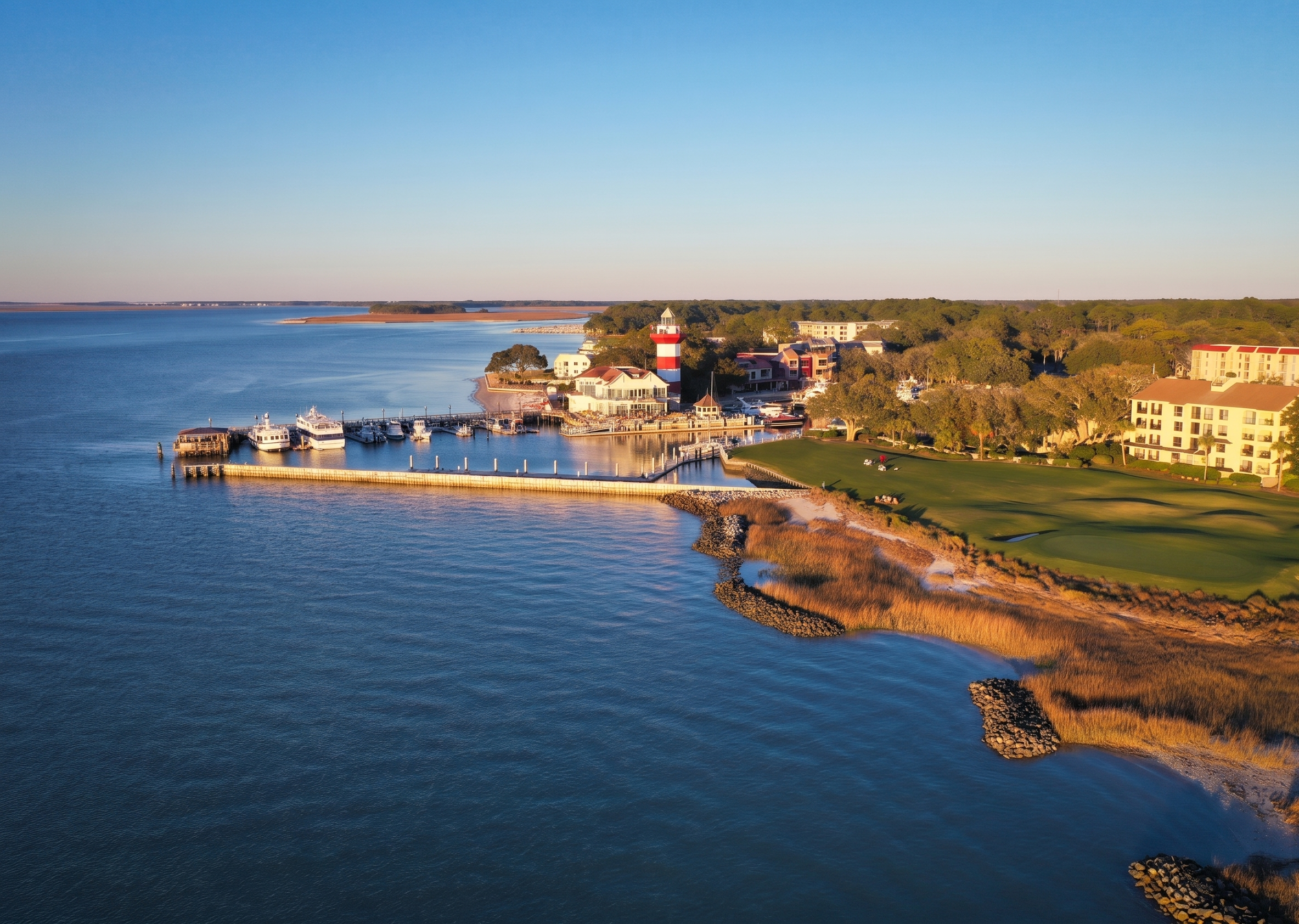 Hilton Head Island beach and lighthouse aerial