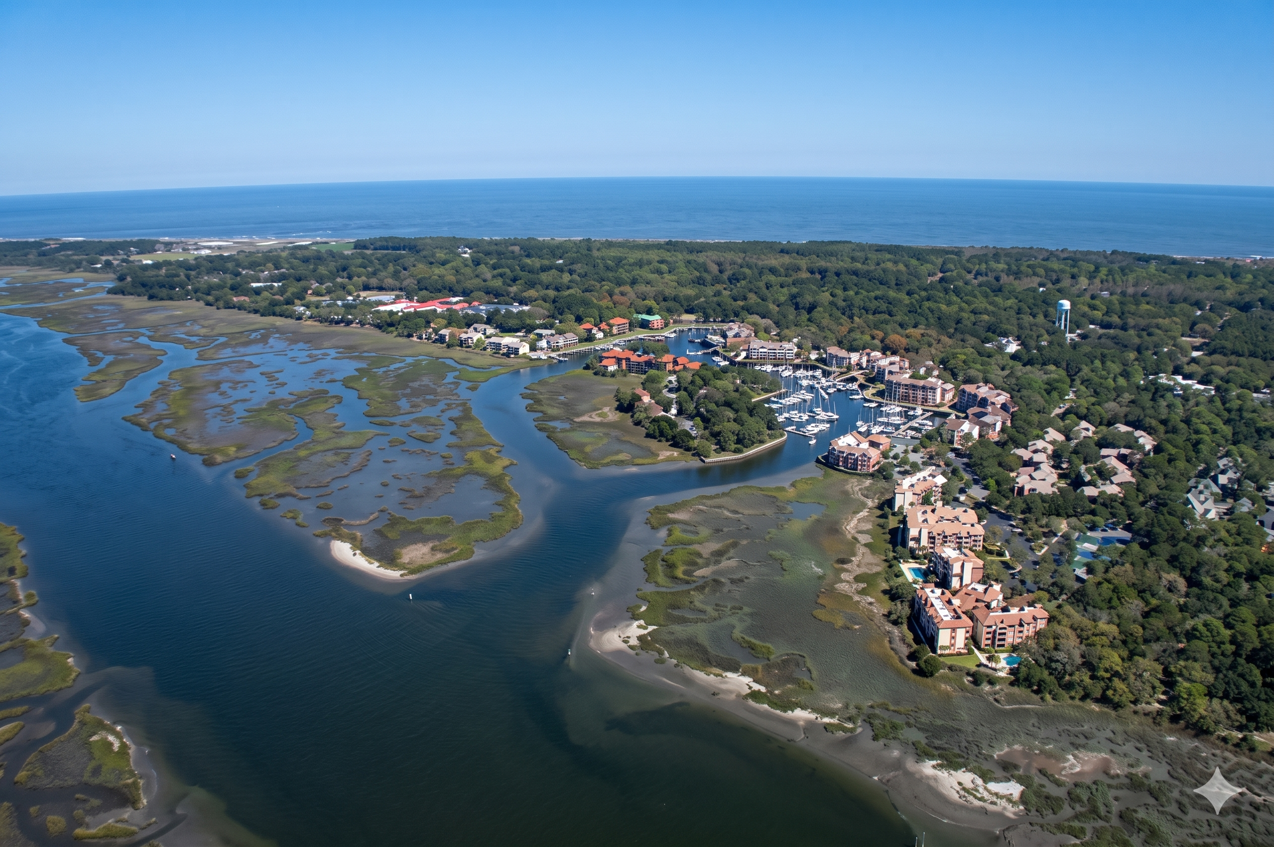 Sea Islands of Beaufort County aerial view of marshes, tidal creeks, and barrier islands